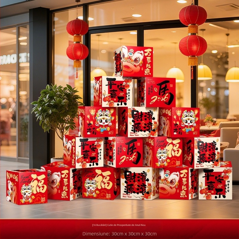 Accesorii de decor pentru amenajarea sălii – cutie de decor în stivuire, din hârtie și pânză cu drapel, stil Chinezesc/Modern/Noul An, pentru Festivalul Primăverii și Anul Nou