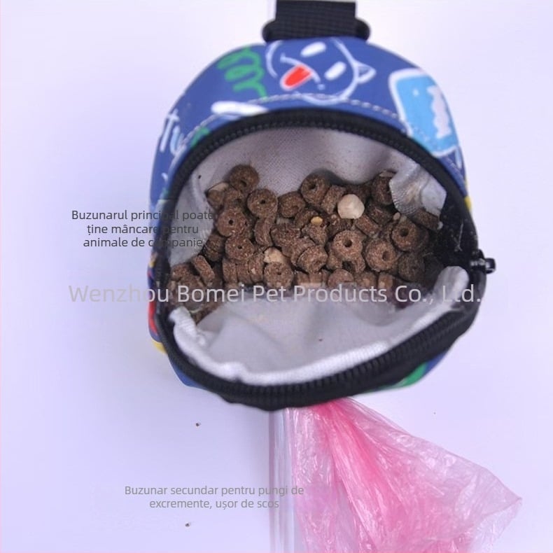 Geantă pentru plimbări cu câinele — buzunar pentru gustări, poliester, design cu deschidere plată, grosime normală