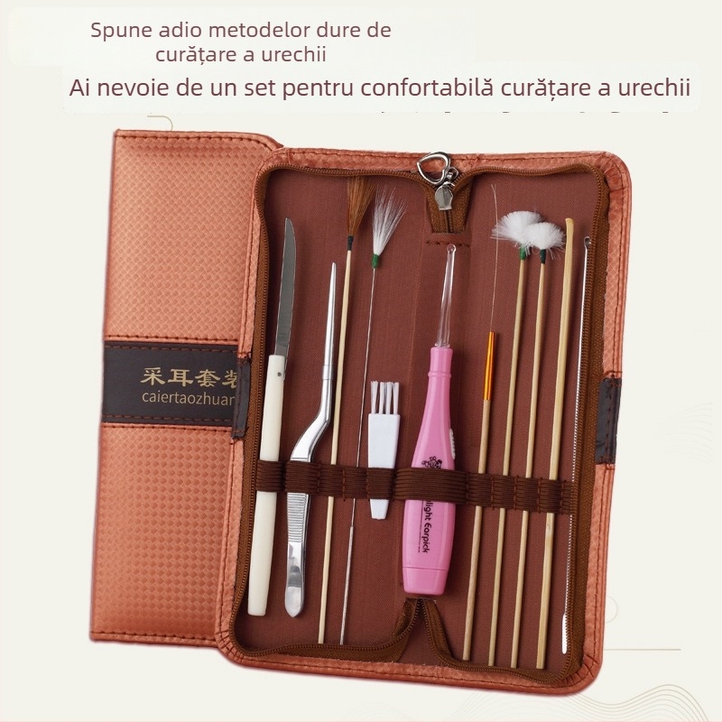 Set de unelte pentru curățarea urechilor – lingură de urechi care strălucește în întuneric, oțel inoxidabil cu husă de depozitare, 11 piese, marca Qilizuo
