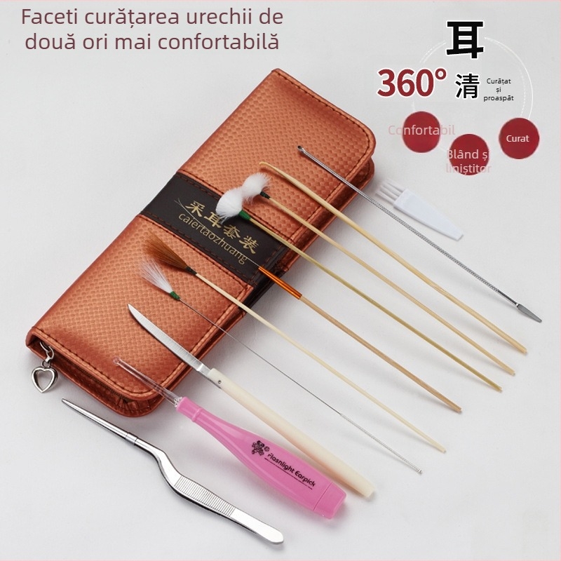 Set de unelte pentru curățarea urechilor – lingură de urechi care strălucește în întuneric, oțel inoxidabil cu husă de depozitare, 11 piese, marca Qilizuo