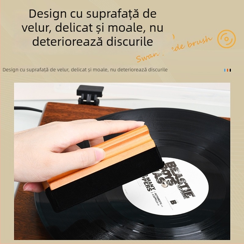 Perie pentru discuri de vinil, din velur, lemn și burete EVA; model KCL-1908; greutate 0.06; dimensiuni ambalaj 120×42×47 mm