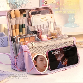 Geantă de machiaj Four Seasons, cu capacitate mare, portabilă, compartimentare, material țesătură, stil modern minimalist