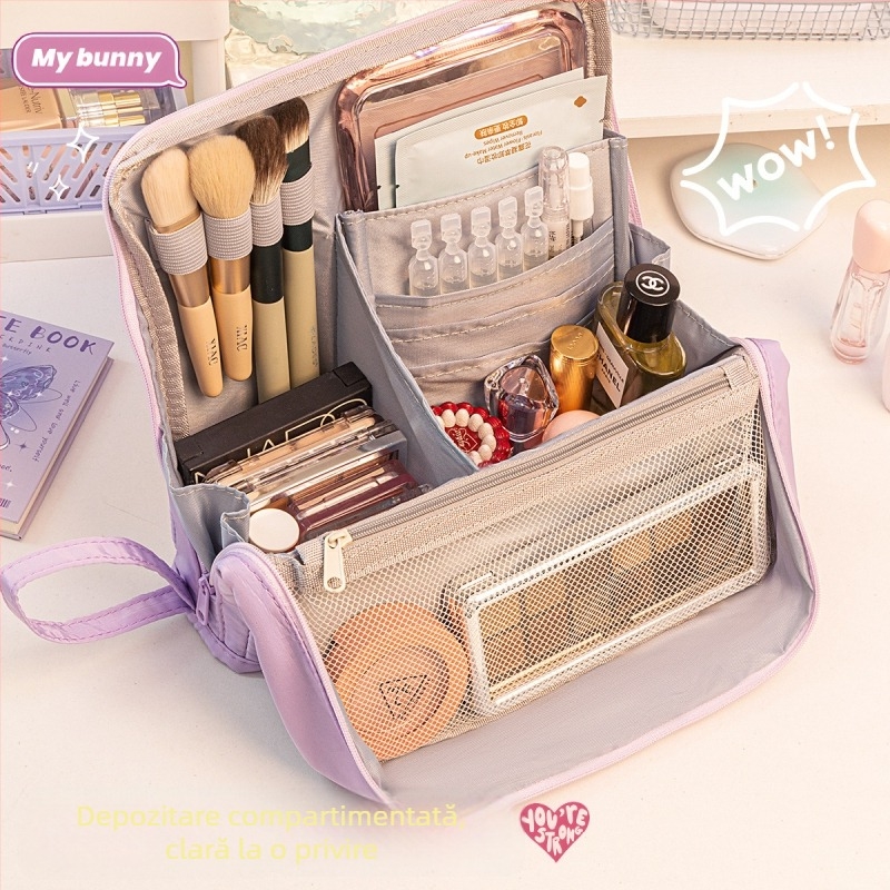 Geantă de machiaj Four Seasons, cu capacitate mare, portabilă, compartimentare, material țesătură, stil modern minimalist
