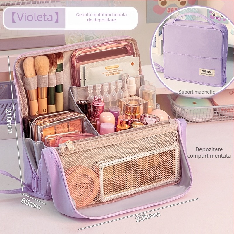 Geantă de machiaj Four Seasons, cu capacitate mare, portabilă, compartimentare, material țesătură, stil modern minimalist