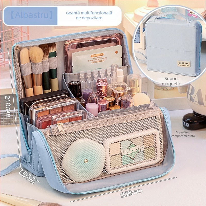 Geantă de machiaj Four Seasons, cu capacitate mare, portabilă, compartimentare, material țesătură, stil modern minimalist