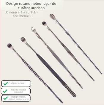 Set de linguri din oțel inoxidabil pentru urechi – instrument de curățare a cerumenului, unisex, fără iluminare