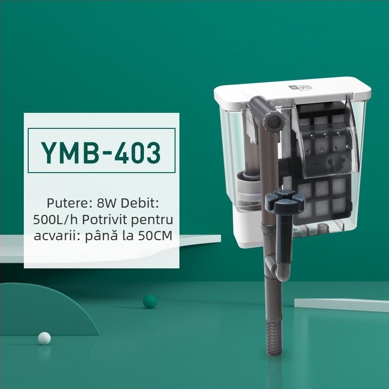 Yee Pompa de Filtru pentru Acvariu – Compactă, Silențioasă, Externă, 3-în-1 pentru Cascadă, Montaj pe Perete, Oxigenare și Circulație, din Plastic; pentru Pești de Apă Dulce; Modele: YMB-401/403/404/405; Brand: Yee