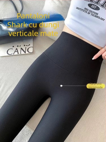 Pantaloni de yoga cu design rechin, talie înaltă pentru ridicare fesieră, material nailon, lungime 9/10, dungi verticale