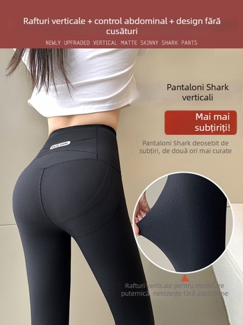 Pantaloni de yoga cu design rechin, talie înaltă pentru ridicare fesieră, material nailon, lungime 9/10, dungi verticale