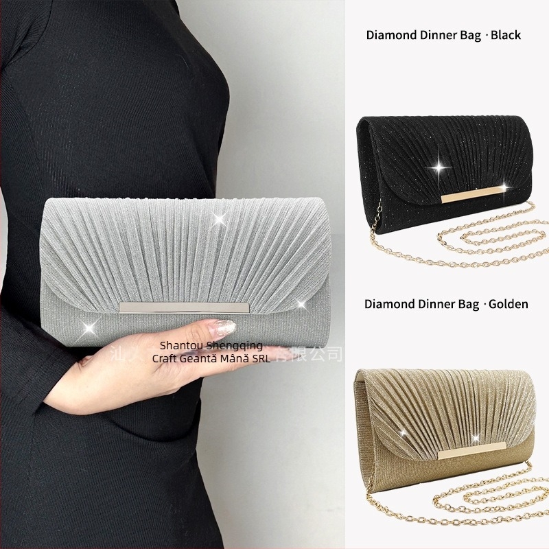 Clutch de seară pentru femei, margine metalică, model scoică, formă pătrată mică, material Jinsha
