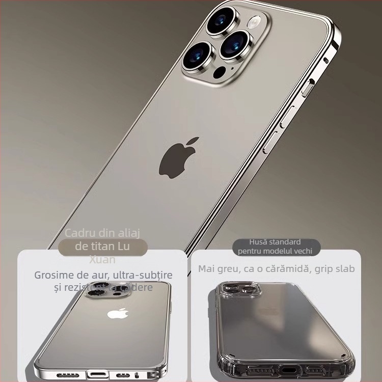 Carcasă pentru iPhone 14 Pro Max și iPhone 15 Pro Max cu ramă metalică culoare titan, ultra-subțire, protecție totală, anti-cădere și anti-amprente; aliaj de aluminiu, prelucrare