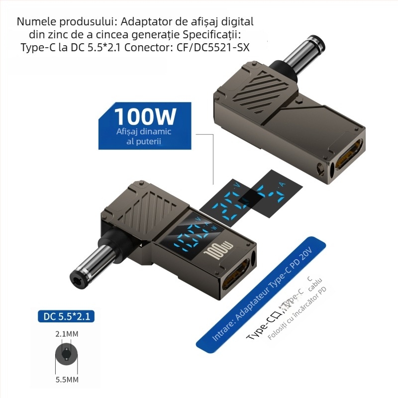 One Core adaptor Type-C la DC cu afișaj digital, încărcare PD 100W rapidă, convertor de alimentare pentru notebook