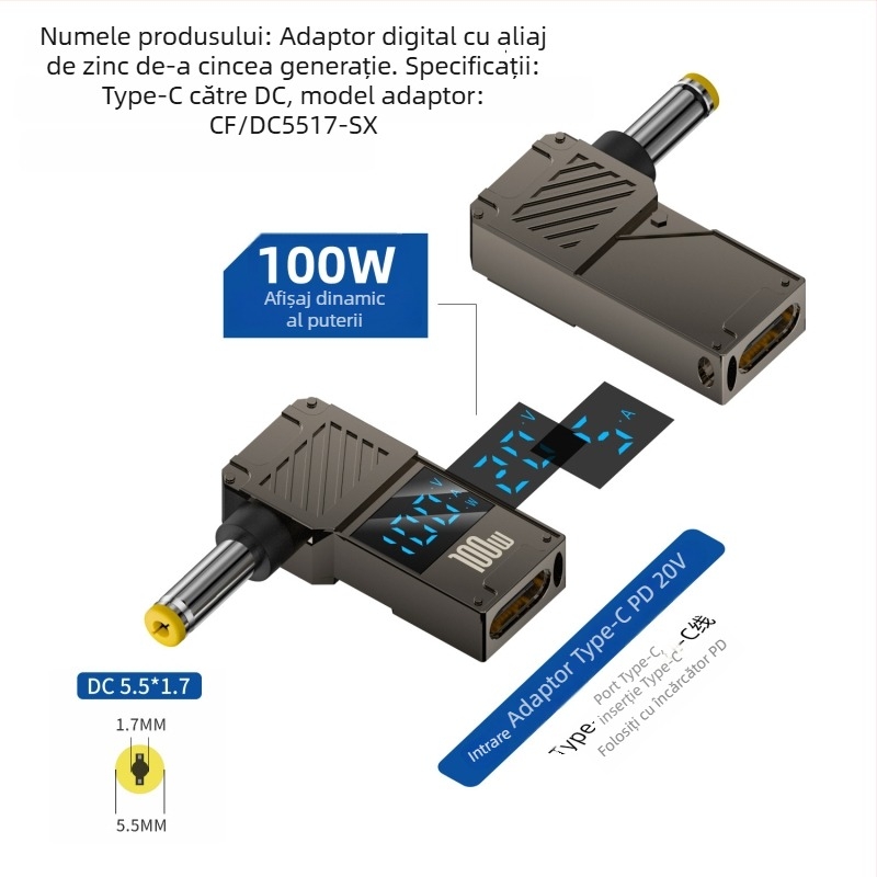 One Core adaptor Type-C la DC cu afișaj digital, încărcare PD 100W rapidă, convertor de alimentare pentru notebook