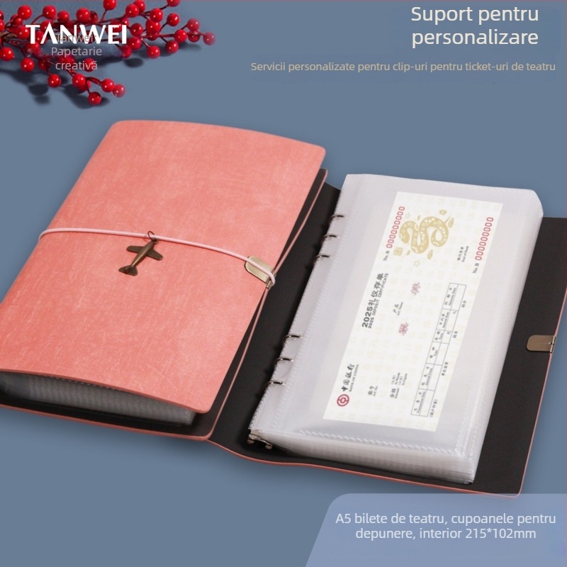 A5 mapă pentru bilete de teatru și călătorii – piele PU, binder cu șase găuri, personalizare disponibilă, imprimare logo