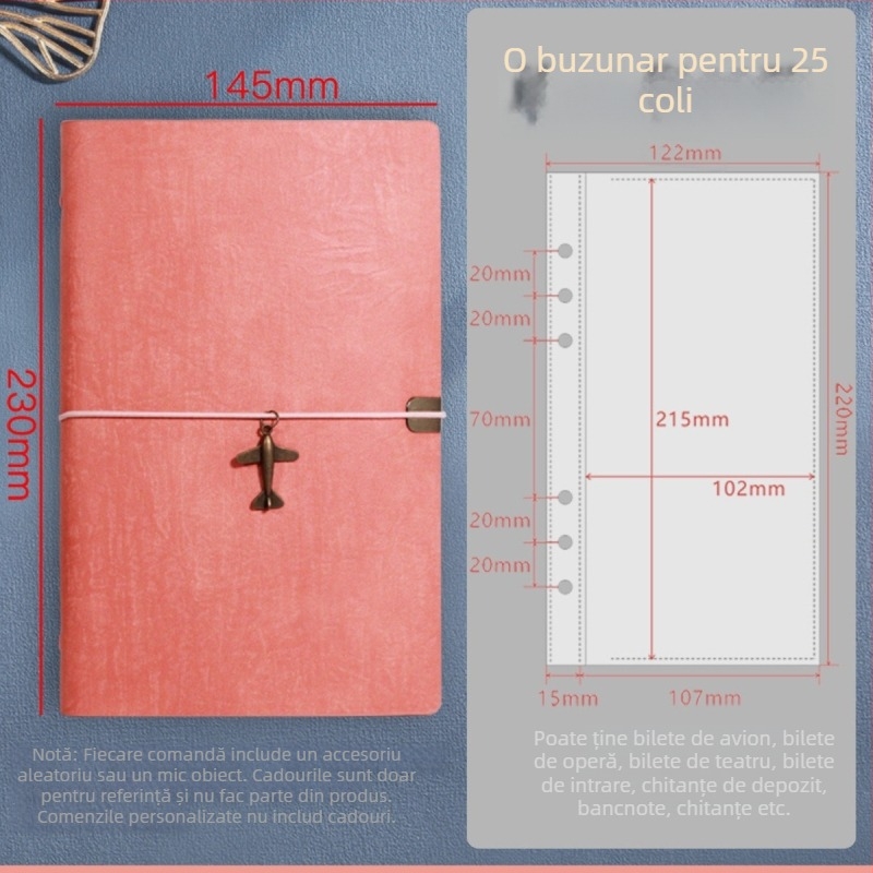 A5 mapă pentru bilete de teatru și călătorii – piele PU, binder cu șase găuri, personalizare disponibilă, imprimare logo