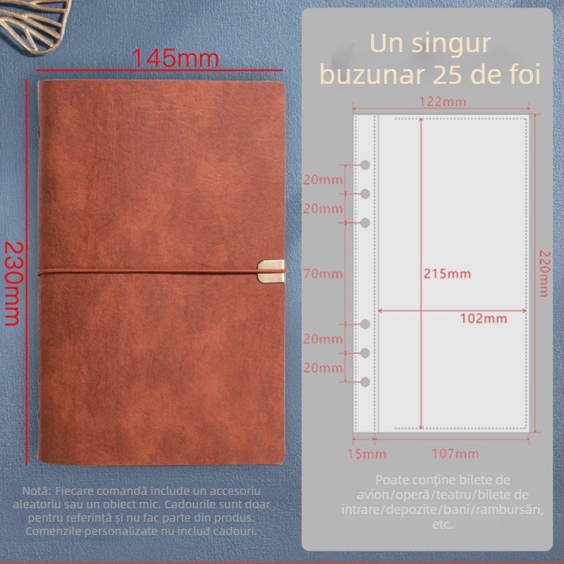 A5 mapă pentru bilete de teatru și călătorii – piele PU, binder cu șase găuri, personalizare disponibilă, imprimare logo