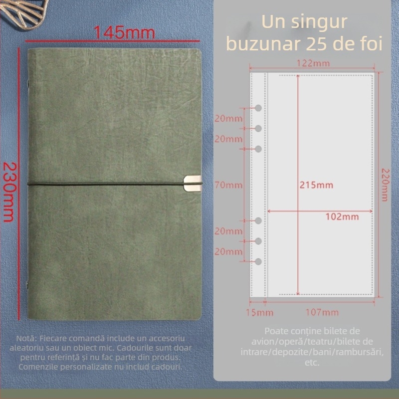 A5 mapă pentru bilete de teatru și călătorii – piele PU, binder cu șase găuri, personalizare disponibilă, imprimare logo