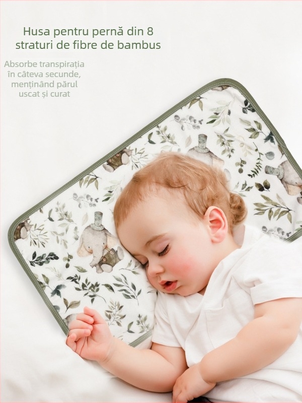 Pernă de bebe din țesătură de tifon bambus-pamuc, cu opt straturi, stil desen animat, pentru sugari și copii mici.