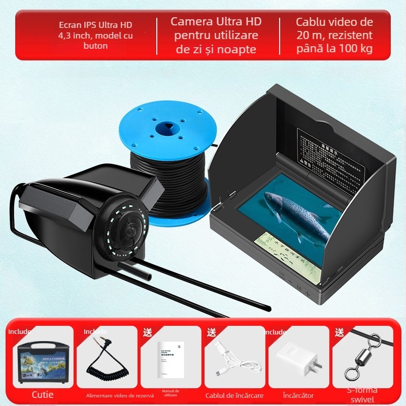 Detector subacvatic de pește cu cameră HD și senzor termic, adâncime 0.6–30 m, alimentare DC 10–18 V