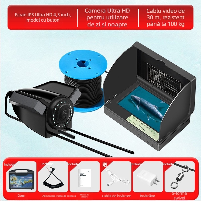 Detector subacvatic de pește cu cameră HD și senzor termic, adâncime 0.6–30 m, alimentare DC 10–18 V