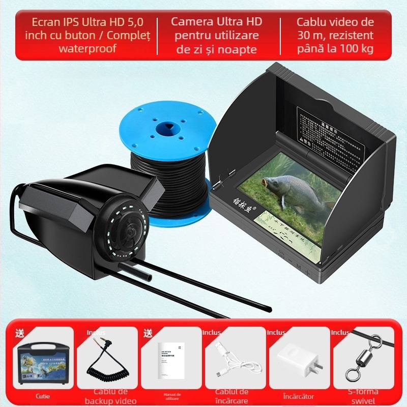 Detector subacvatic de pește cu cameră HD și senzor termic, adâncime 0.6–30 m, alimentare DC 10–18 V