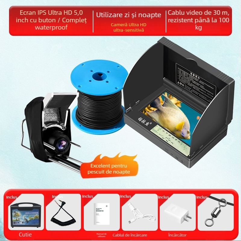 Detector subacvatic de pește cu cameră HD și senzor termic, adâncime 0.6–30 m, alimentare DC 10–18 V