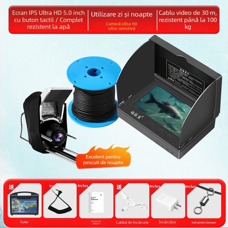 Detector subacvatic de pește cu cameră HD și senzor termic, adâncime 0.6–30 m, alimentare DC 10–18 V