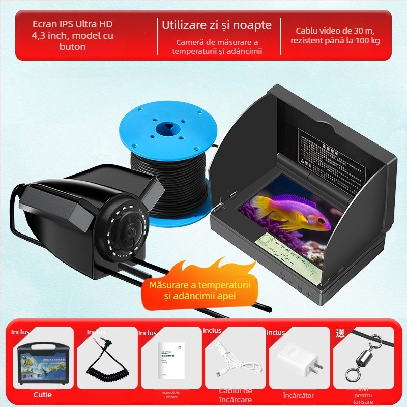 Detector subacvatic de pește cu cameră HD și senzor termic, adâncime 0.6–30 m, alimentare DC 10–18 V
