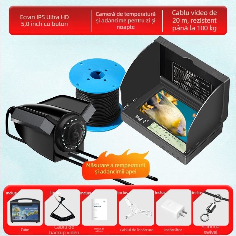 Detector subacvatic de pește cu cameră HD și senzor termic, adâncime 0.6–30 m, alimentare DC 10–18 V