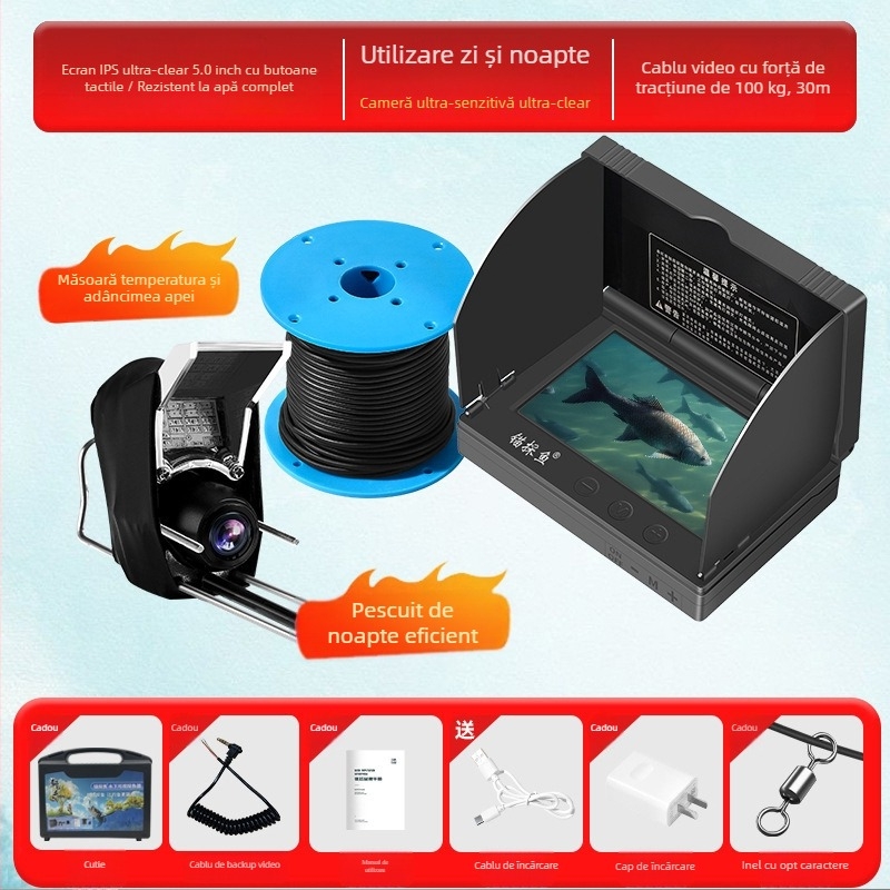 Detector subacvatic de pește cu cameră HD și senzor termic, adâncime 0.6–30 m, alimentare DC 10–18 V