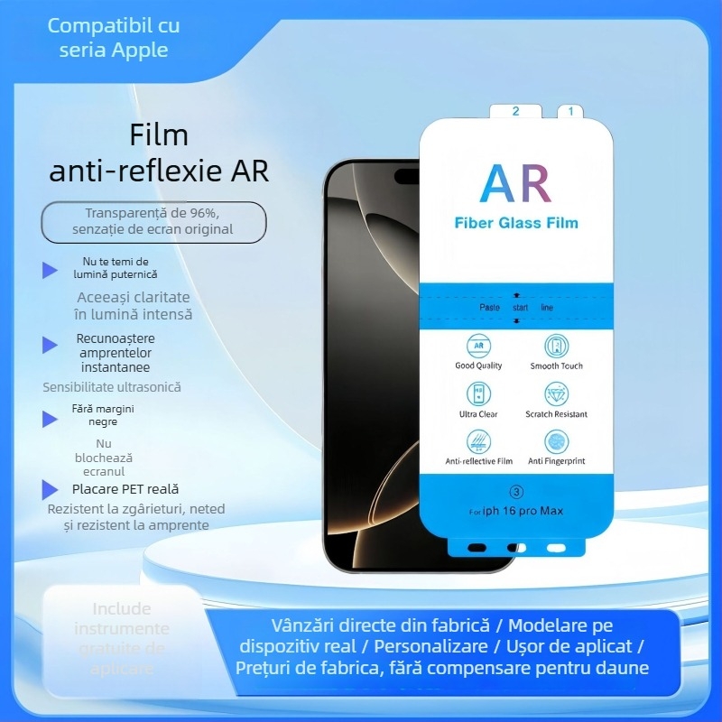 Protecție ecran frontal iPhone, AR PET anti-reflexie, HD, praf rezistent, anti-amprentă