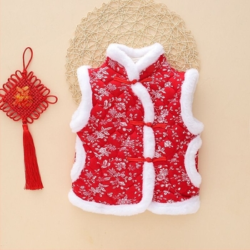 Vesta pentru copii în stil floral etnic, versiune coreeană, trei straturi quiltate, călduroasă, material exterior din blană de iepure 71–80%