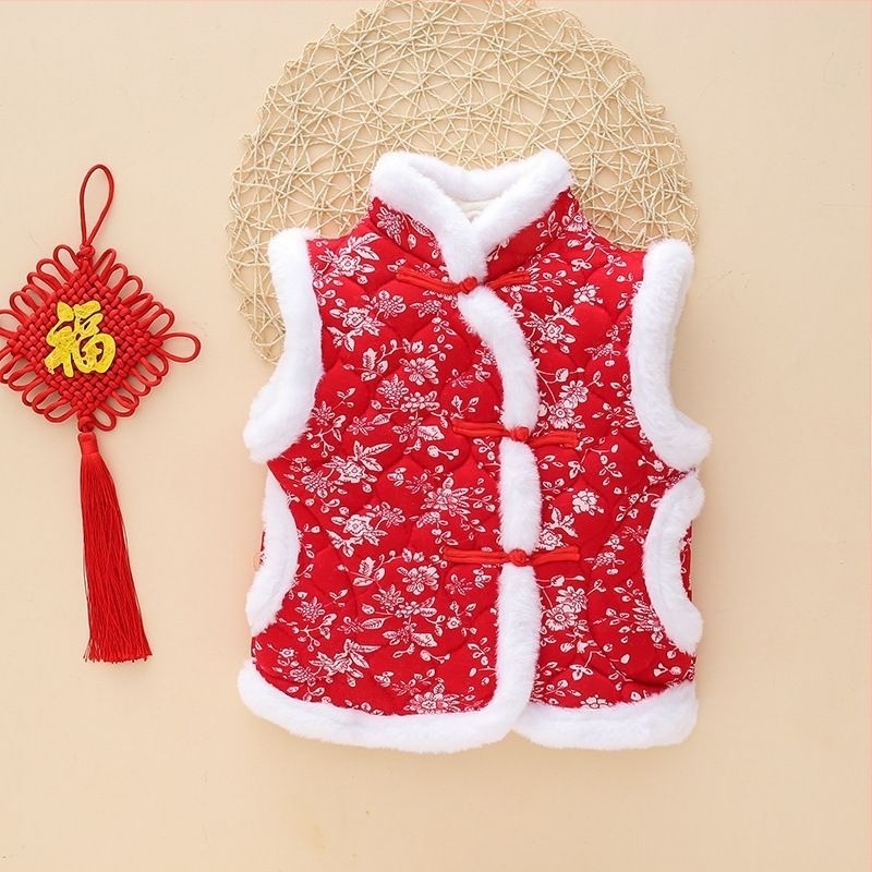 Vesta pentru copii în stil floral etnic, versiune coreeană, trei straturi quiltate, călduroasă, material exterior din blană de iepure 71–80%