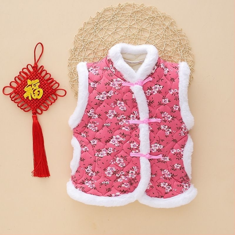 Vesta pentru copii în stil floral etnic, versiune coreeană, trei straturi quiltate, călduroasă, material exterior din blană de iepure 71–80%