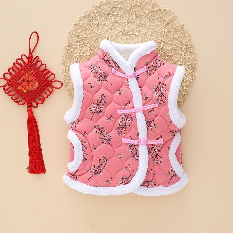 Vesta pentru copii în stil floral etnic, versiune coreeană, trei straturi quiltate, călduroasă, material exterior din blană de iepure 71–80%