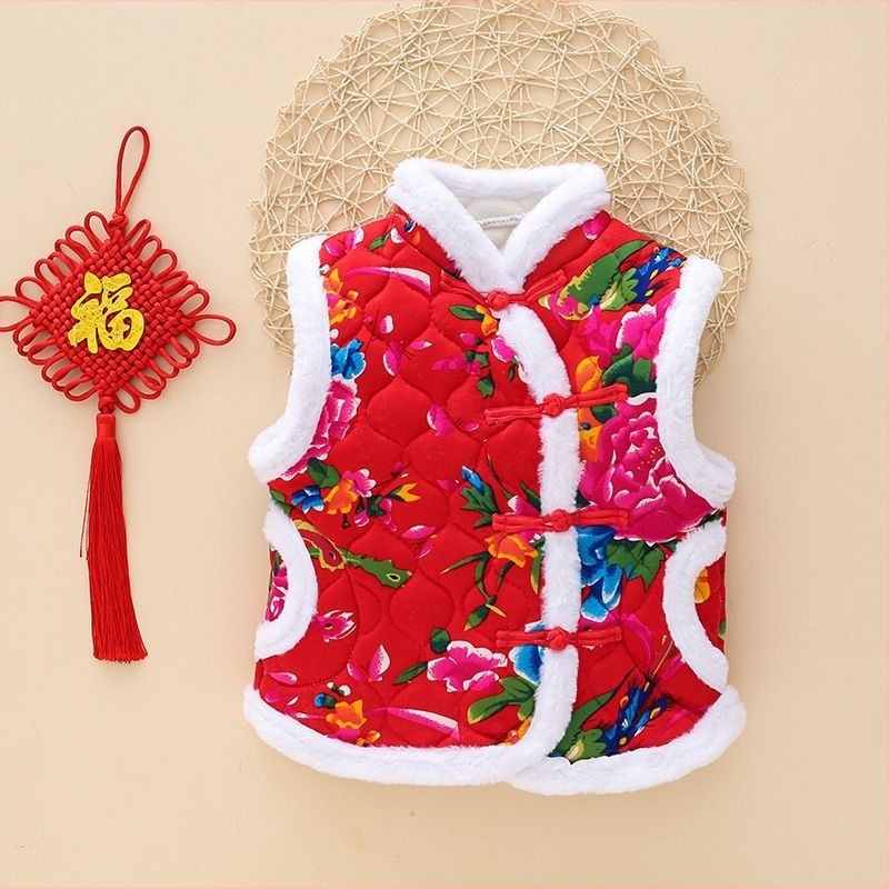 Vesta pentru copii în stil floral etnic, versiune coreeană, trei straturi quiltate, călduroasă, material exterior din blană de iepure 71–80%