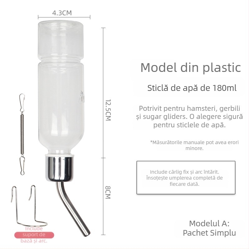 Sticlă de apă din sticlă pentru animale de companie mici, cu supapă cu bilă – potrivită pentru hamsteri și alte animale mici