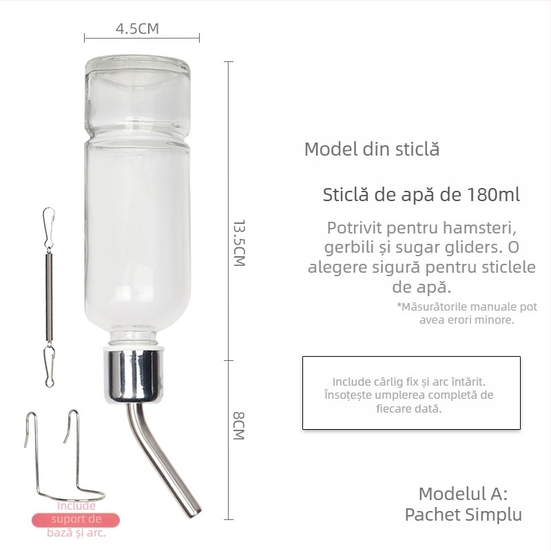 Sticlă de apă din sticlă pentru animale de companie mici, cu supapă cu bilă – potrivită pentru hamsteri și alte animale mici