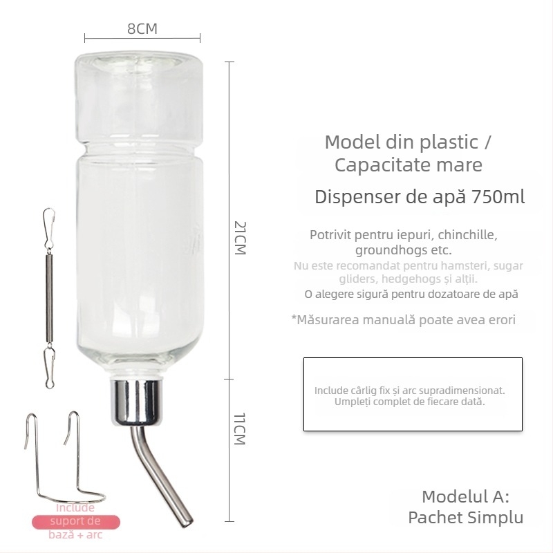 Sticlă de apă din sticlă pentru animale de companie mici, cu supapă cu bilă – potrivită pentru hamsteri și alte animale mici