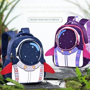 Ghiozdan pentru copii cu temă astronaut, exterior din diving fabric, capacitate extensibilă, bretele ergonomice curbate, căptușeală din nailon