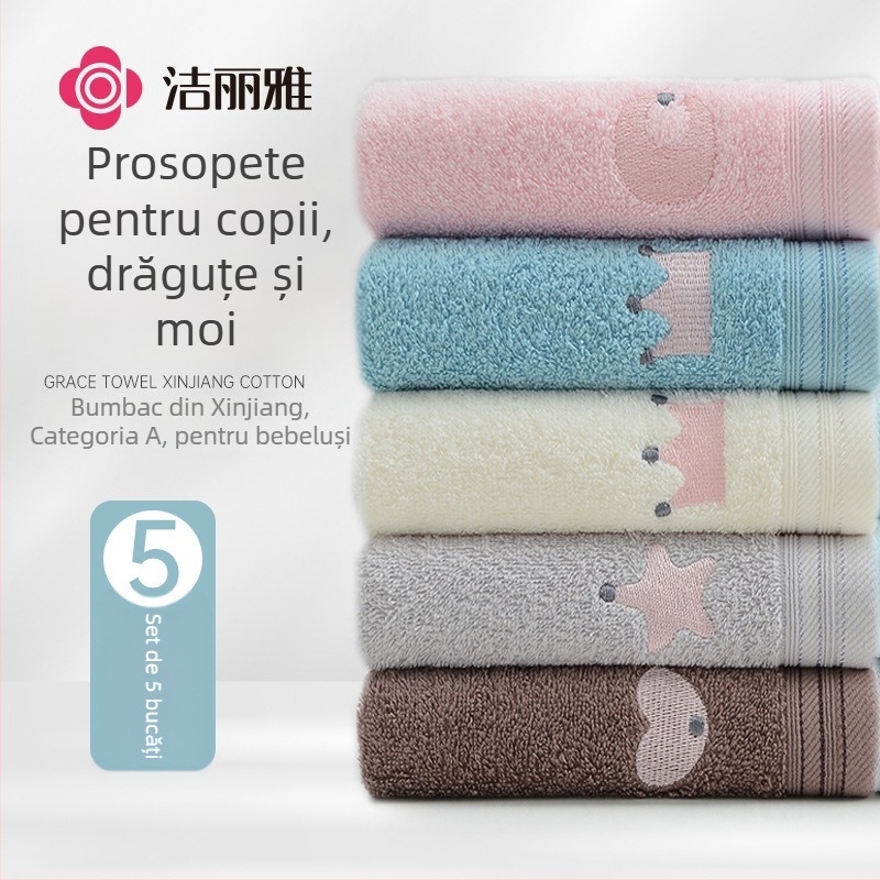 Set de 5 prosoape de față pentru copii, 100% bumbac, cu logo brodat, țesătură jacquard și simplă, 200–300 g