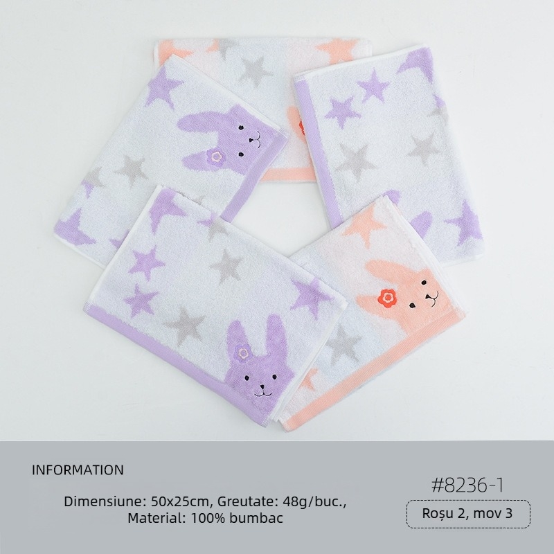 Set de 5 prosoape de față pentru copii, 100% bumbac, cu logo brodat, țesătură jacquard și simplă, 200–300 g