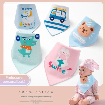 Bavetă triunghiulară pentru bebeluși din bumbac 100%, dublu strat, imprimată cu desen animat; potrivită pentru sugari și copii mici