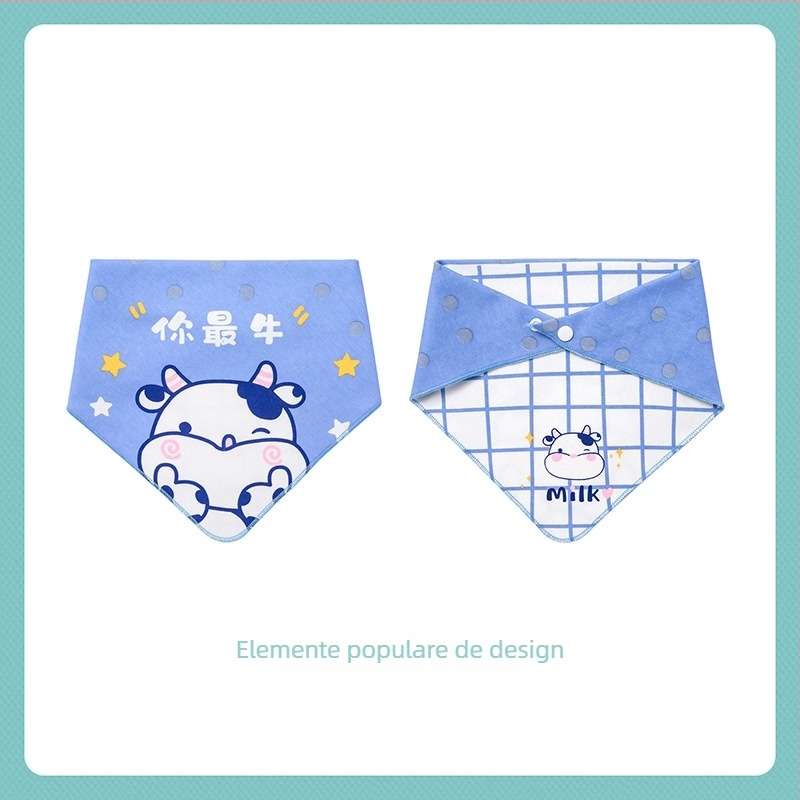 Bavetă triunghiulară pentru bebeluși din bumbac 100%, dublu strat, imprimată cu desen animat; potrivită pentru sugari și copii mici