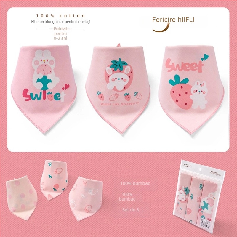 Bavetă triunghiulară pentru bebeluși din bumbac 100%, dublu strat, imprimată cu desen animat; potrivită pentru sugari și copii mici