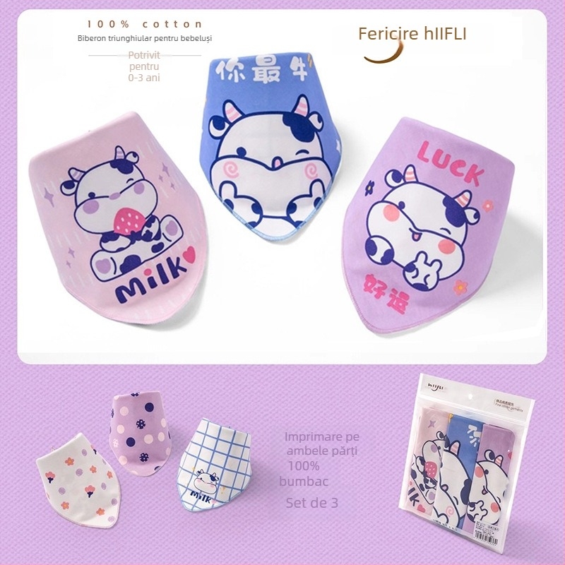 Bavetă triunghiulară pentru bebeluși din bumbac 100%, dublu strat, imprimată cu desen animat; potrivită pentru sugari și copii mici