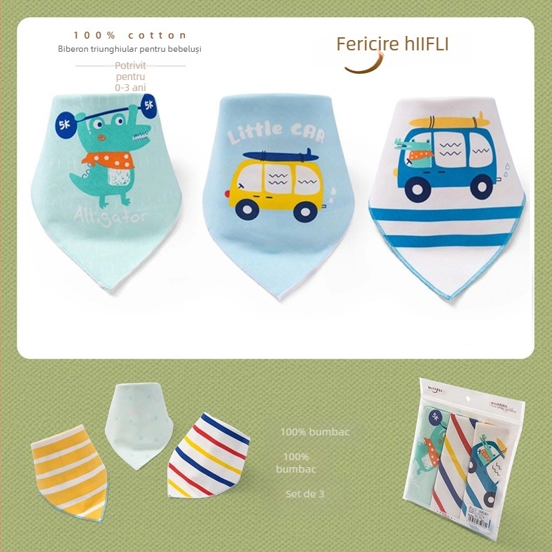 Bavetă triunghiulară pentru bebeluși din bumbac 100%, dublu strat, imprimată cu desen animat; potrivită pentru sugari și copii mici