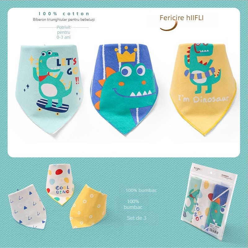 Bavetă triunghiulară pentru bebeluși din bumbac 100%, dublu strat, imprimată cu desen animat; potrivită pentru sugari și copii mici