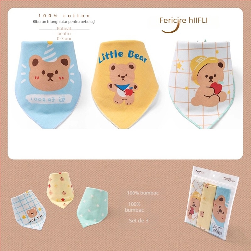Bavetă triunghiulară pentru bebeluși din bumbac 100%, dublu strat, imprimată cu desen animat; potrivită pentru sugari și copii mici