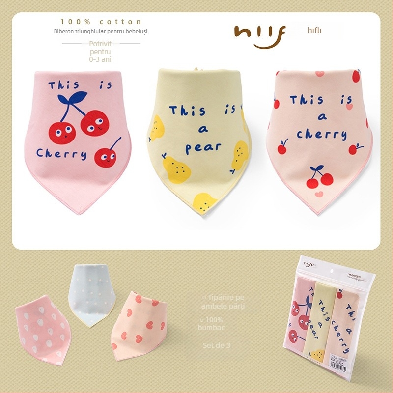 Bavetă triunghiulară pentru bebeluși din bumbac 100%, dublu strat, imprimată cu desen animat; potrivită pentru sugari și copii mici